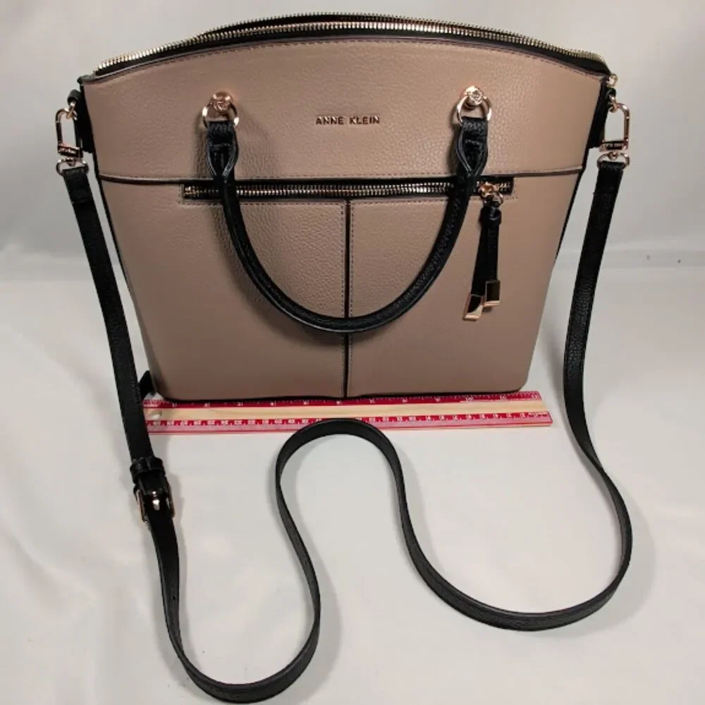 Anne Klein Taupe Black Pebbled Faux Leather Satchel Crossbody Shoulder Bag